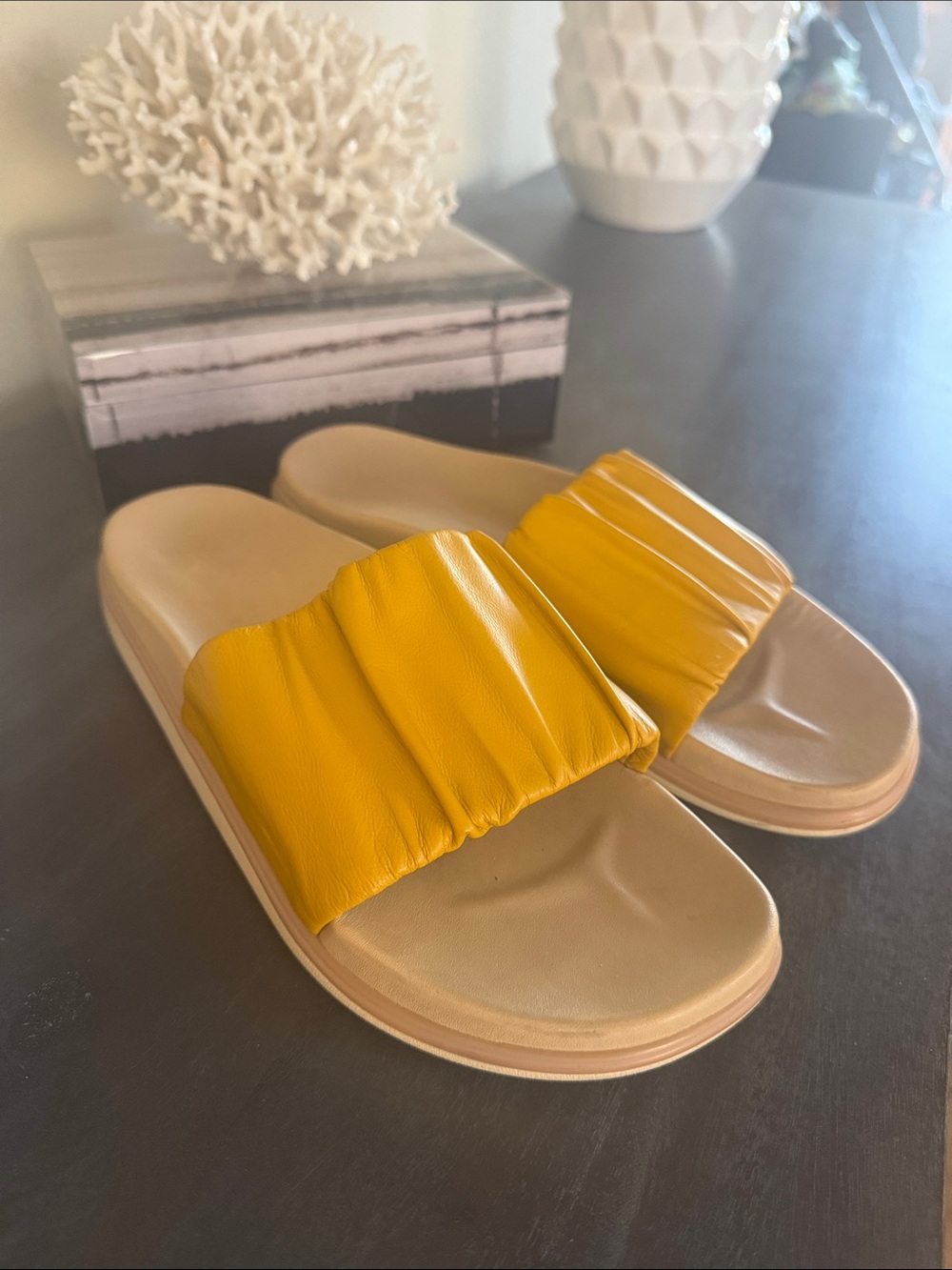 Women's Olukai Pihapiha Yellow Slide Sandals - Brand